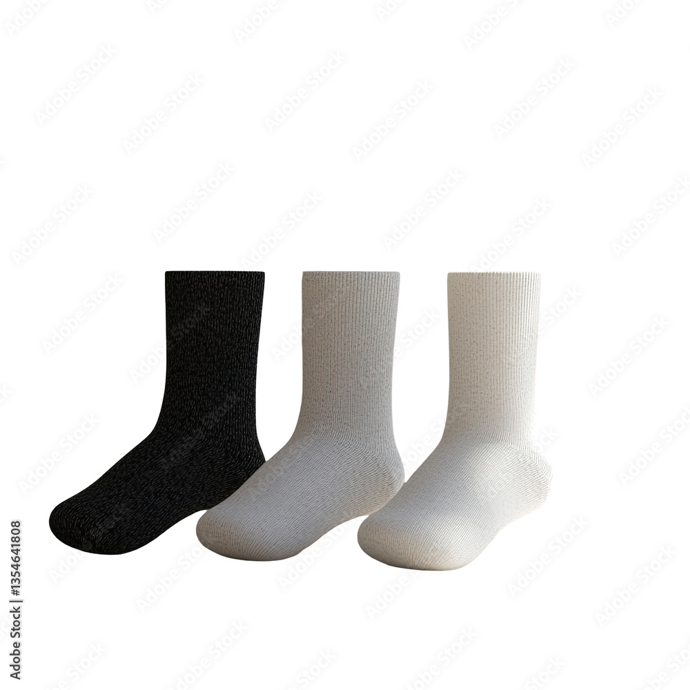 Three pairs of simple, solid-colored socks. Black, white, and cream-colored crew socks. A comfortable, versatile, and stylish set Three pairs of simple, solid-colored socks. Black, white, and cream-colored crew socks. A comfortable, versatile, and stylish set