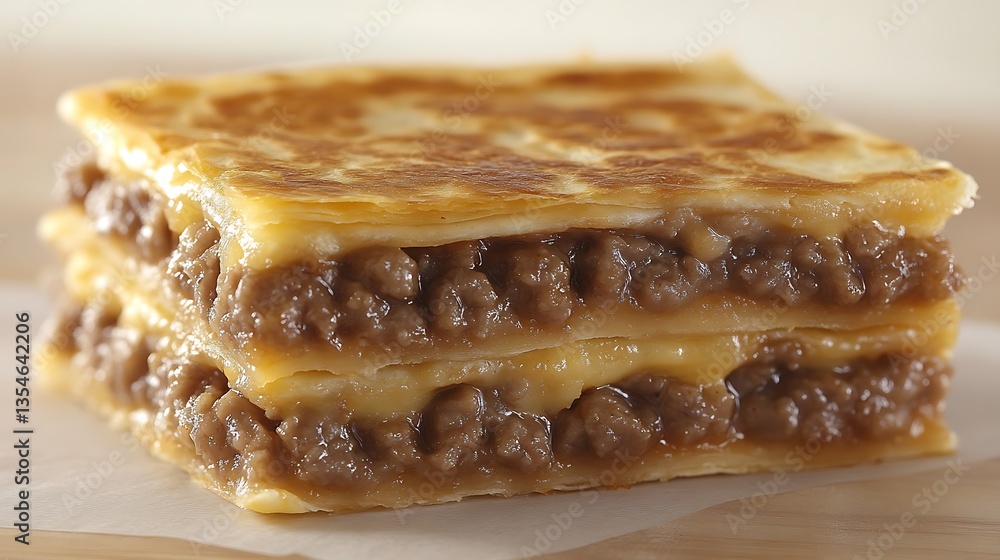 Three-layer savory flatbread with ground meat and cheese filling. Three-layer savory flatbread with ground meat and cheese filling.