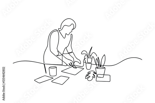 Single line drawing of person working at desk with plants