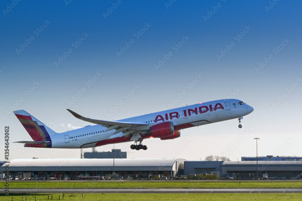 London, England, UK - 3 January 2025: Airbus A350 jet operated by Air India taking off from London heathrow Airport