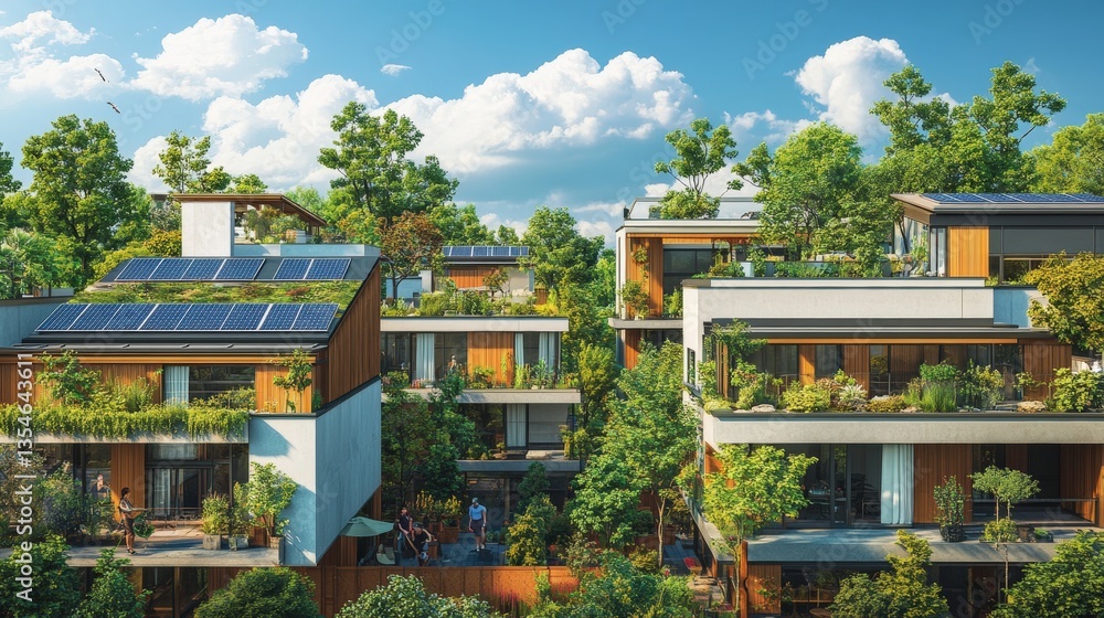 Modern eco-friendly buildings surrounded by greenery and solar panels under a bright sky. Modern eco-friendly buildings surrounded by greenery and solar panels under a bright sky.