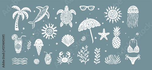 Beach boho vintage icon set. Hand drawn palm tree, sun and sea, seashells, coral, crab, turtle, cocktail, ice cream, whale in naive groovy style. Tropical surf club concept, vacation and travel. 