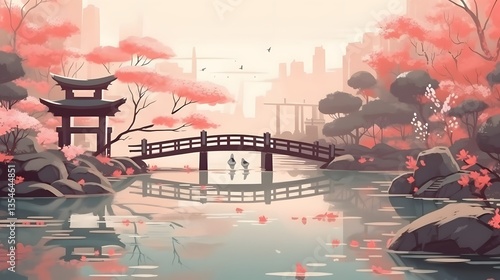 Serene Japanese Garden Cityscape
