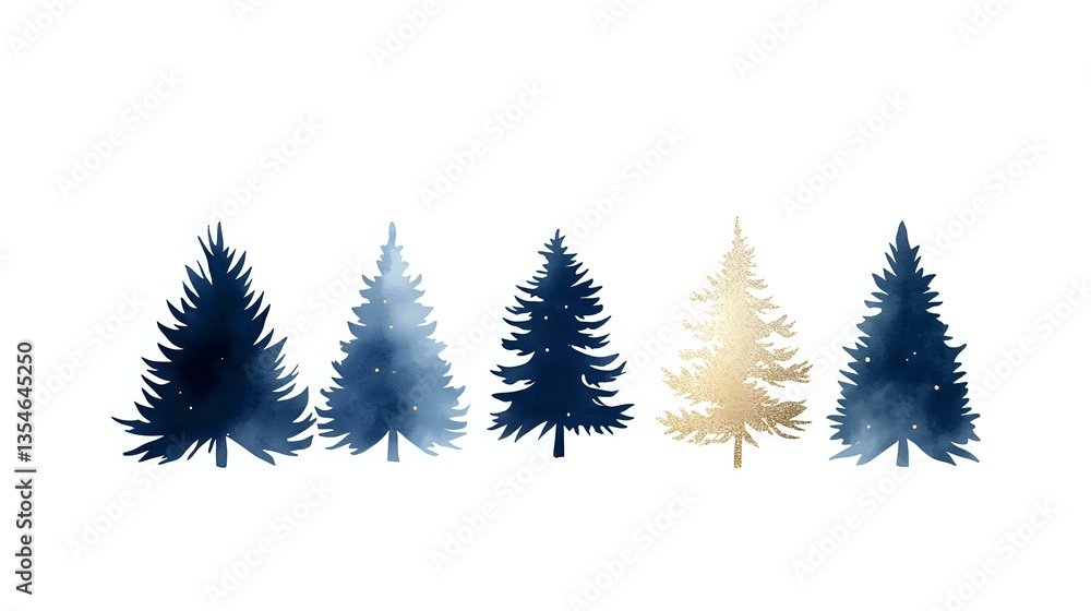 Fototapeta premium Minimalist winter forest landscape with navy blue and gold spruce tree silhouettes arranged in row creating modern nordic style composition.