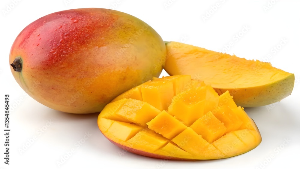 Fototapeta premium Mango fruit isolated on a white background, showcasing its fresh, vibrant color and smooth texture.