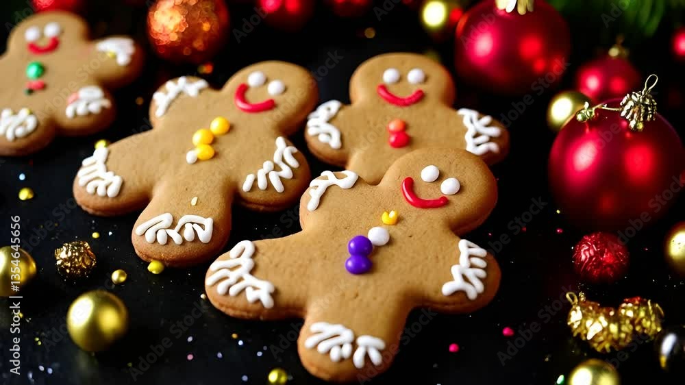 gingerbread cookies, decorated with candy and icing, sit together on a black surface. Each cookie features a cheerful smile, The surface is speckled with red and gold Christmas decorations, gingerbread cookies, decorated with candy and icing, sit together on a black surface. Each cookie features a cheerful smile, The surface is speckled with red and gold Christmas decorations,