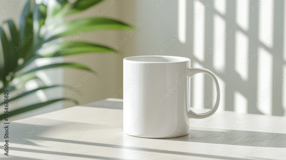white mug on table with sunlight and shadows, surrounded by greenery white mug on table with sunlight and shadows, surrounded by greenery