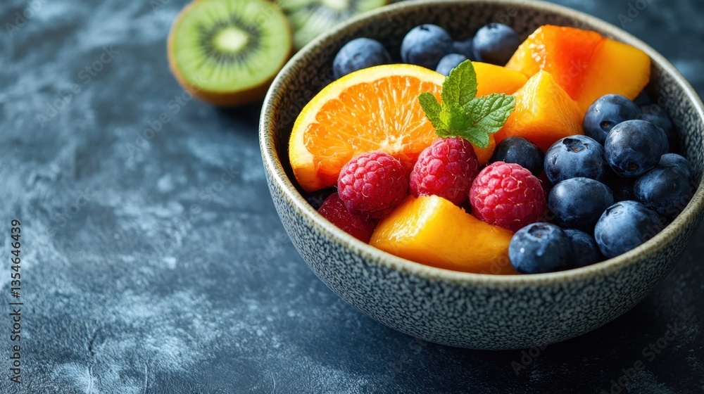 Fresh Mixed Fruit Bowl with Raspberries, Blueberries, Kiwi, Orange, Peach, and Mint Leaves on Rustic Background Fresh Mixed Fruit Bowl with Raspberries, Blueberries, Kiwi, Orange, Peach, and Mint Leaves on Rustic Background