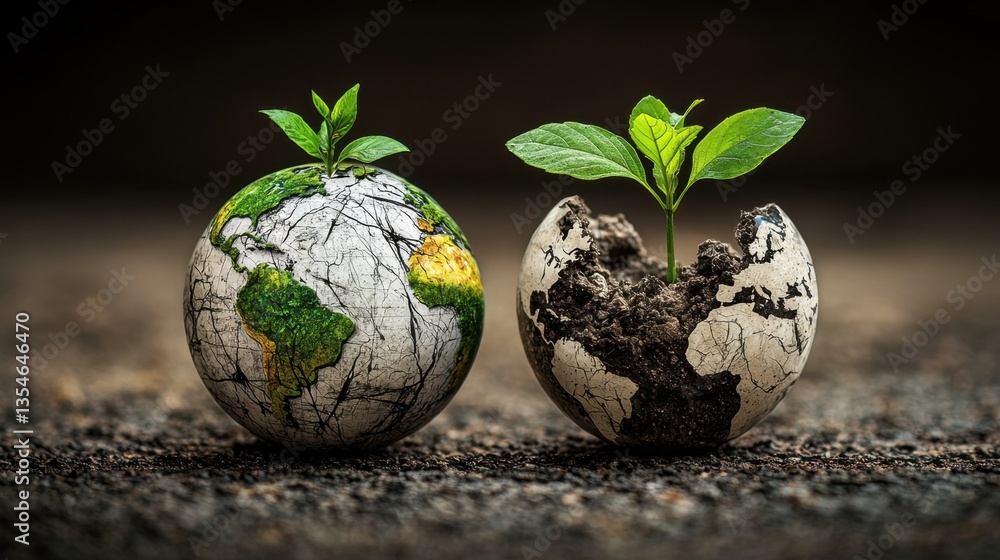 A cracked globe with green sprouts emerging symbolizes environmental renewal and the importance of sustainability. A cracked globe with green sprouts emerging symbolizes environmental renewal and the importance of sustainability.