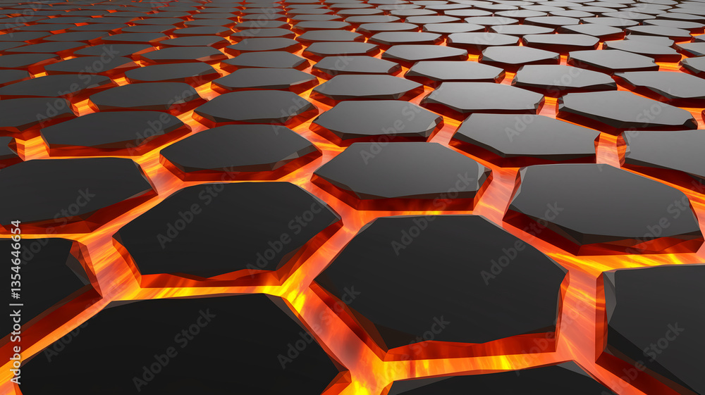 Obraz premium Abstract image of dark, hexagonal shapes with glowing orange fissures between them, creating a texture reminiscent of molten rock or a cracked surface, showcasing intensity and power