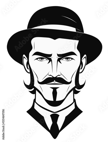 Man with medium hair, low crown derby hat and moustache, in the style of the 1990s. Turn of the century style.