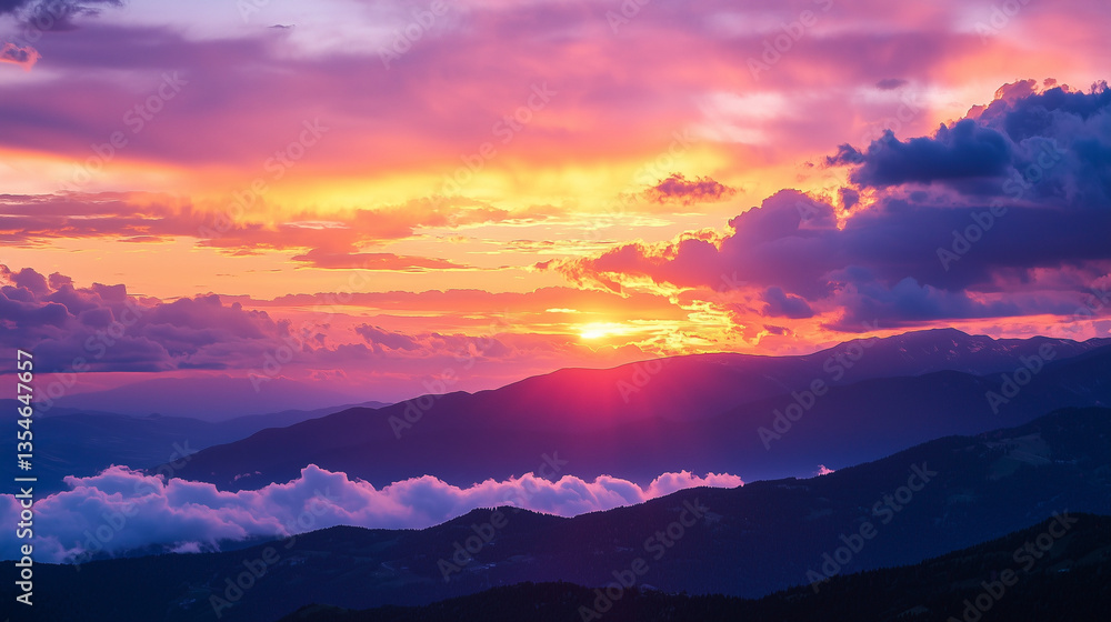 A vibrant sky during sunset, with a mix of deep orange, pink, and purple hues, casting a warm glow over a mountain range with soft clouds in the distance A vibrant sky during sunset, with a mix of deep orange, pink, and purple hues, casting a warm glow over a mountain range with soft clouds in the distance
