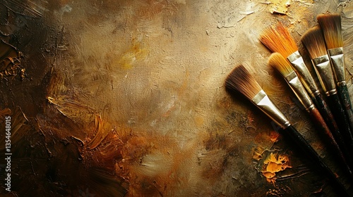 Fototapeta Naklejka Na Ścianę i Meble -  A bright, inviting layout of paint tubes, brushes, and a well-used palette on a textured canvas backdrop, illuminated by diffused studio light to enhance subtle details.