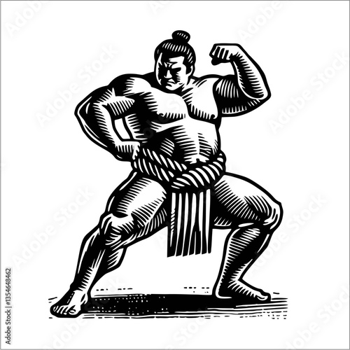 Sumo Wrestler Flexing Muscles – Black and White Woodcut Style Vector Illustration