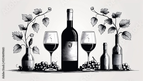 A bottle of wine with two glasses in Black characters and objects on a white background