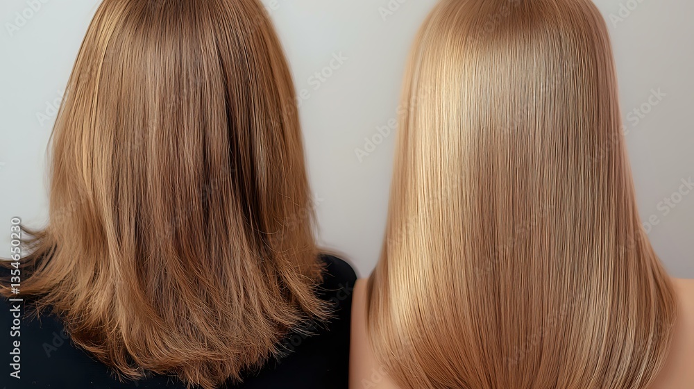 Comparison of damaged and healthy blonde hair showing split ends versus smooth, straight styled result after professional hair treatment and care. Comparison of damaged and healthy blonde hair showing split ends versus smooth, straight styled result after professional hair treatment and care.