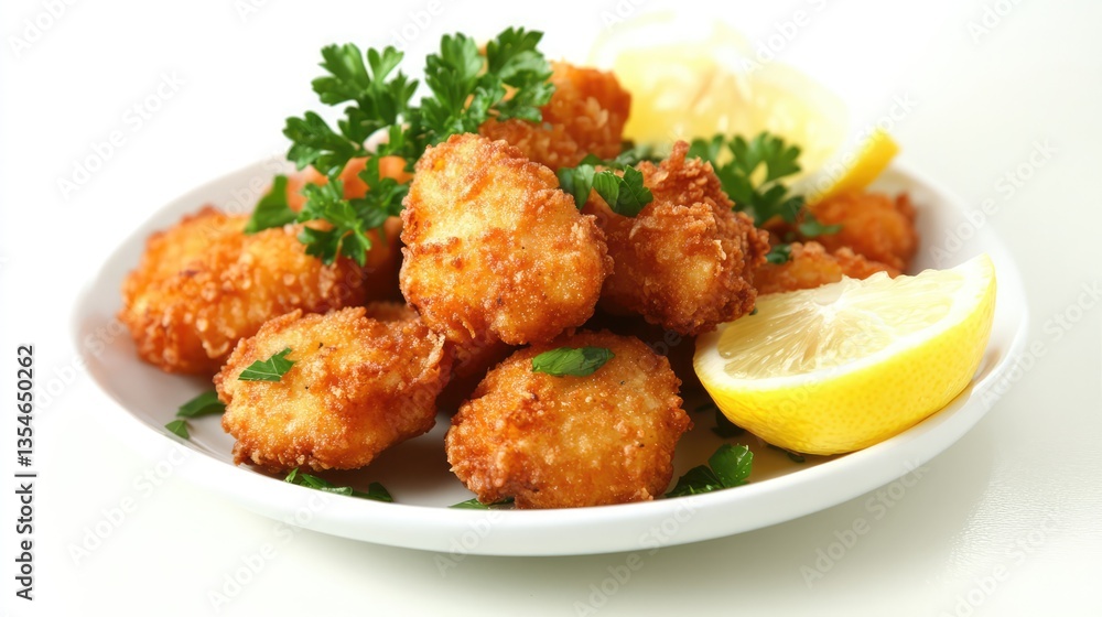 A plate of golden brown breaded fried cutlets garnished with fresh parsley rests on a rustic wooden table. A plate of golden brown breaded fried cutlets garnished with fresh parsley rests on a rustic wooden table.