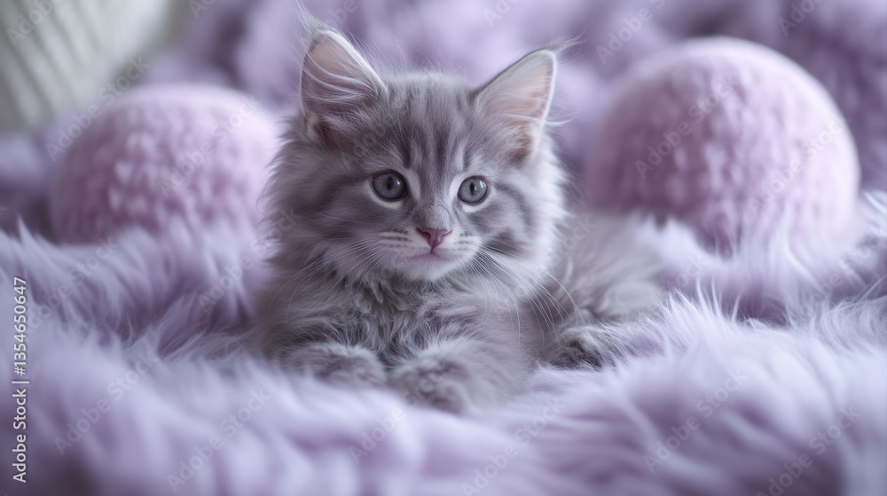 Adorable fluffy gray kitten resting on soft purple blanket with cozy texture and playful background elements Adorable fluffy gray kitten resting on soft purple blanket with cozy texture and playful background elements
