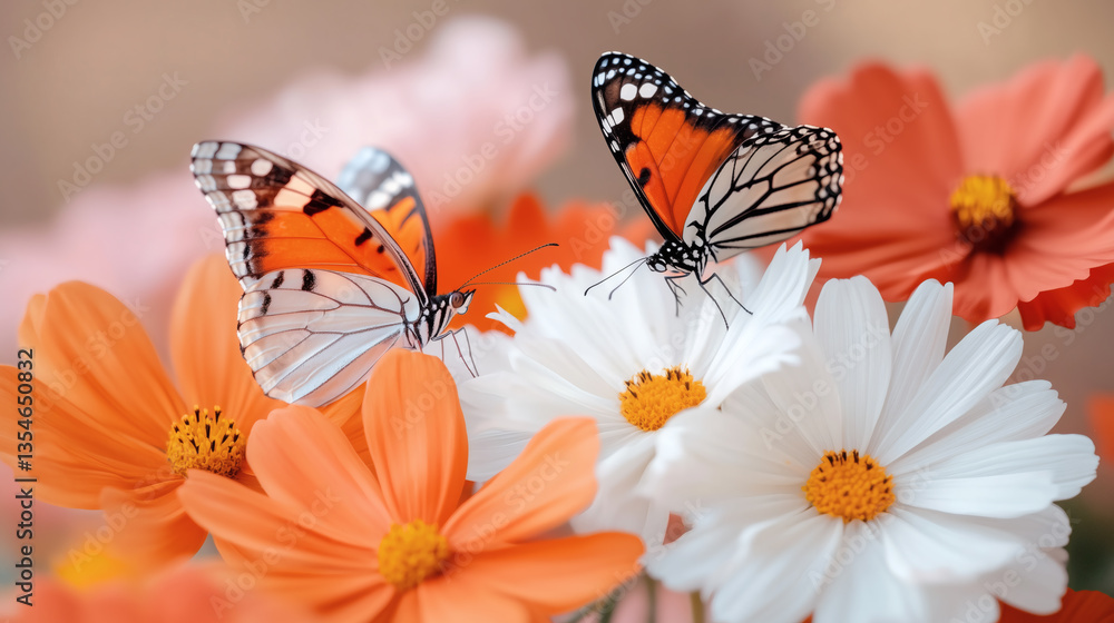 Two striking butterflies with orange and black patterns visit bright flowers, showcasing nature's beauty in a lively garden filled with color Two striking butterflies with orange and black patterns visit bright flowers, showcasing nature's beauty in a lively garden filled with color