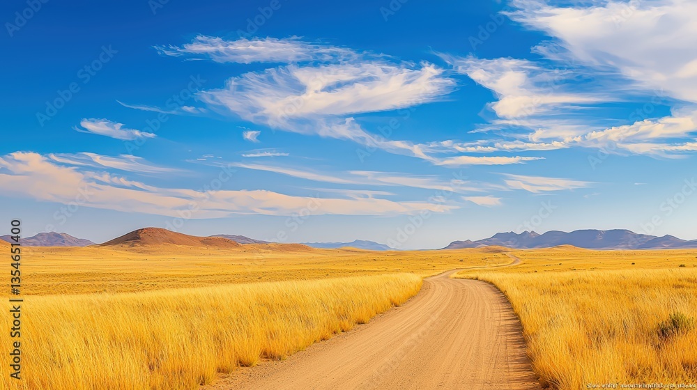 A scenic landscape featuring a winding dirt road through golden grasses under a vast blue sky with wispy clouds. A scenic landscape featuring a winding dirt road through golden grasses under a vast blue sky with wispy clouds.