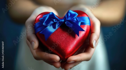 A pair of hands gently cradling a red heart-shaped object adorned with a light blue ribbon,