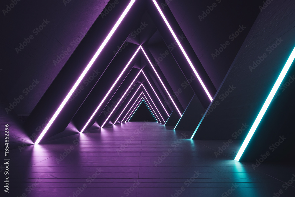 Fototapeta premium Abstract image of a dark tunnel with vibrant purple and teal neon lights forming triangular shapes, creating a futuristic and modern atmosphere, suitable for technology or sci-fi concepts