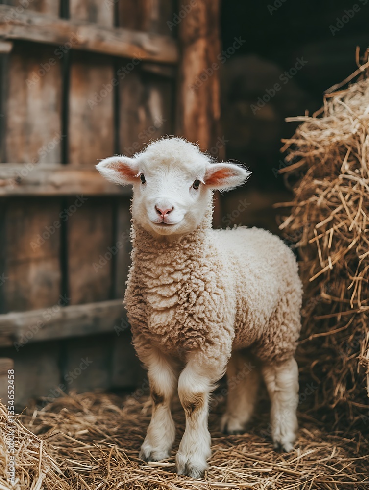Fototapeta premium A fluffy lamb standing in a barn looks friendly