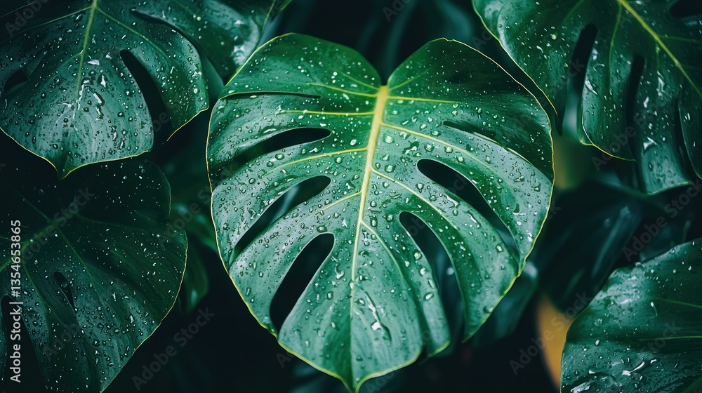Fototapeta premium A close-up of a monstera leaf glistening with raindrops, displaying vibrant greens and hints of yellow under soft, diffused light.