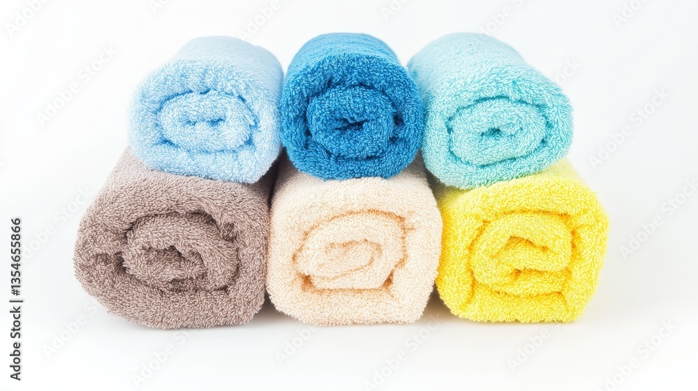 A stack of neatly rolled towels in soft colors including blue, yellow, and beige, arranged for a pleasing visual effect. A stack of neatly rolled towels in soft colors including blue, yellow, and beige, arranged for a pleasing visual effect.