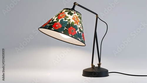 A lamp with a floral shade in Black characters and objects on a white background