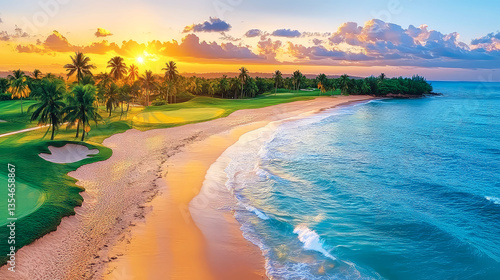 Sunset Paradise: Tropical Beach Golf Course Scene
