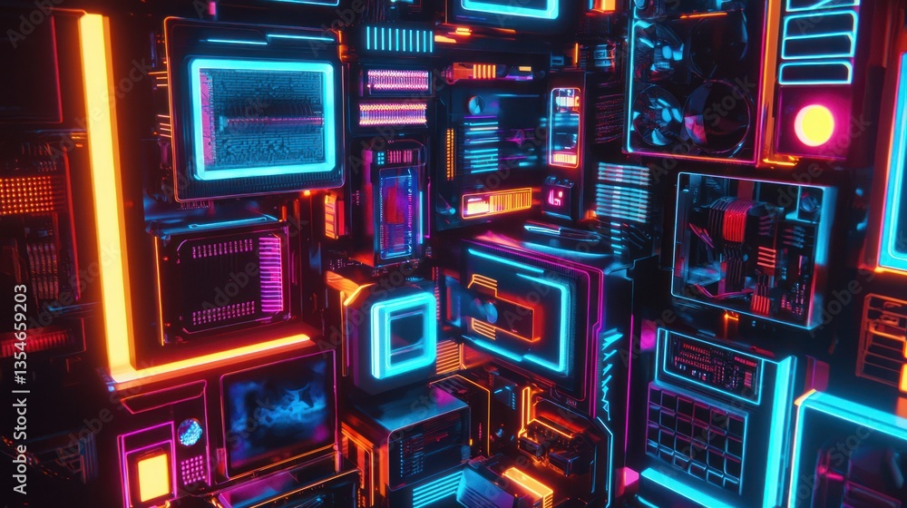 Fototapeta premium A collection of neon-lit computer components arranged in a futuristic design.