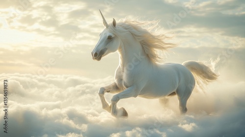 Majestic white unicorn running through fluffy clouds in soft golden sunlight with ethereal background
