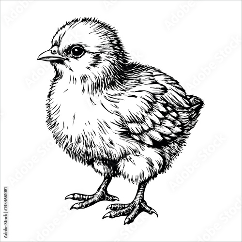 A black and white drawing of a small chicken