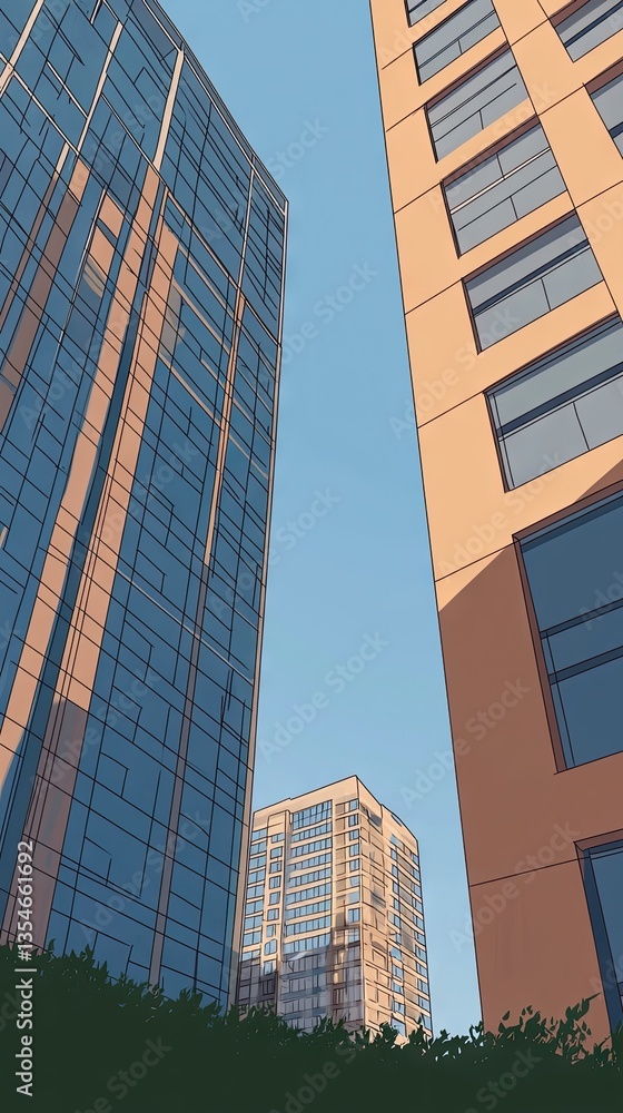 Obraz premium Urban skyscrapers, low angle view, city buildings, sunny day, background foliage, possible stock photo