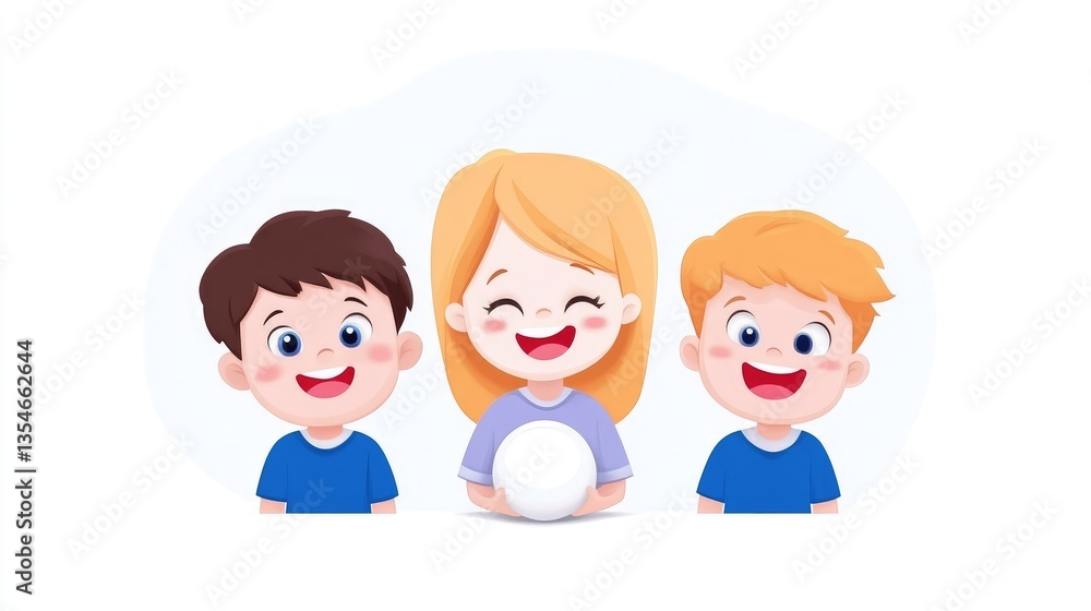 Three children smiling and holding a ball. Friendly kids playing together Three children smiling and holding a ball. Friendly kids playing together