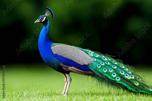 Majestic peacock in profile, vibrant plumage displayed against lush green grass