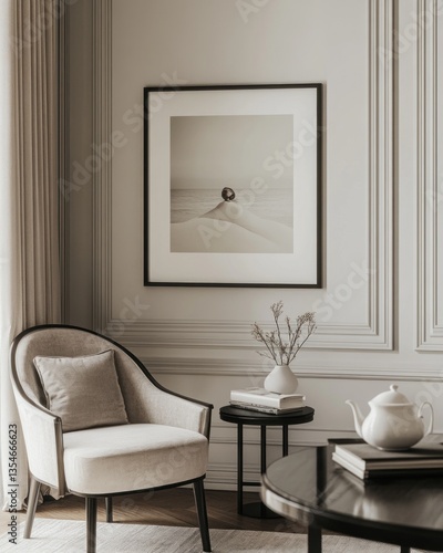 Calm minimalist living room with framed desert dune photograph.