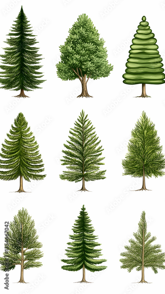 Nine diverse evergreen and deciduous trees isolated on white Nine diverse evergreen and deciduous trees isolated on white