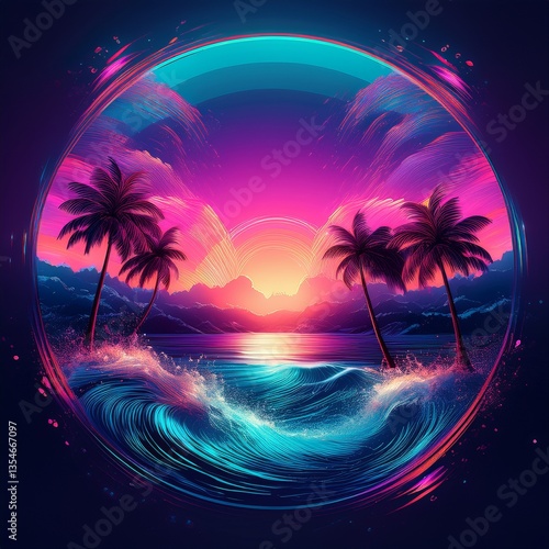beautiful palms banner with palm trees and ocean waves and water splashes; exotic travel to tropics template
