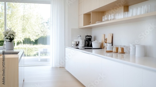 Modern, bright kitchen with a view.  Natural light floods the space, highlighting clean lines and minimalist design.  