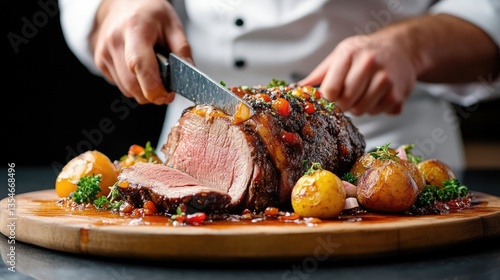 Chef carving a roasted prime rib with roasted potatoes