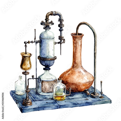 watercolor vector of Distillation Apparatus, isolated on a white background.