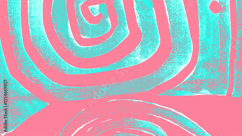 水色の背景にピンク色の渦巻き模様、手描き渦巻き模様、抽象的な絵画表現、原始的な模様の版画的表現