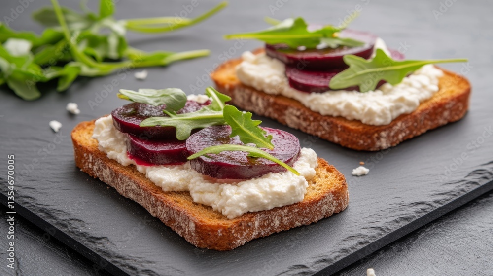 Delicious goat cheese and beet toast topped with fresh arugula and honey on rye bread for a vibrant and elegant appetizer Delicious goat cheese and beet toast topped with fresh arugula and honey on rye bread for a vibrant and elegant appetizer