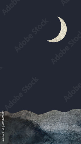 海の上に輝く銀色の三日月、山の上に登った三日月、空の上の銀色の月