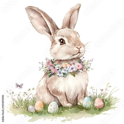Pastel bunny with floral wreath in a spring meadow