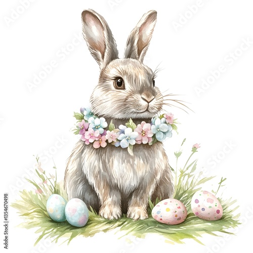 Elegant pastel bunny with a floral garland and Easter eggs