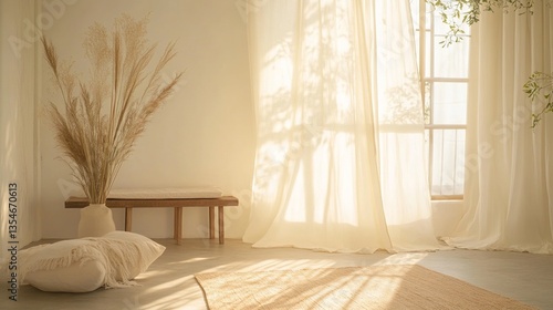 Tranquil minimalist interior with sunlit curtains and pampas grass decor