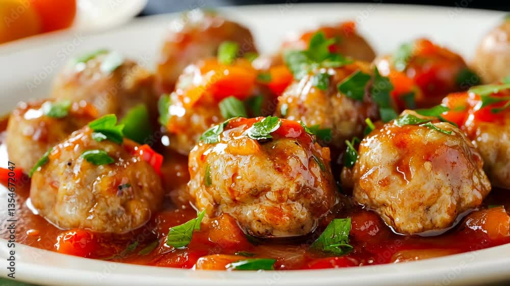 Savory meatballs served on a platter with vibrant sauce and fresh herbs in a cozy dining setting Savory meatballs served on a platter with vibrant sauce and fresh herbs in a cozy dining setting